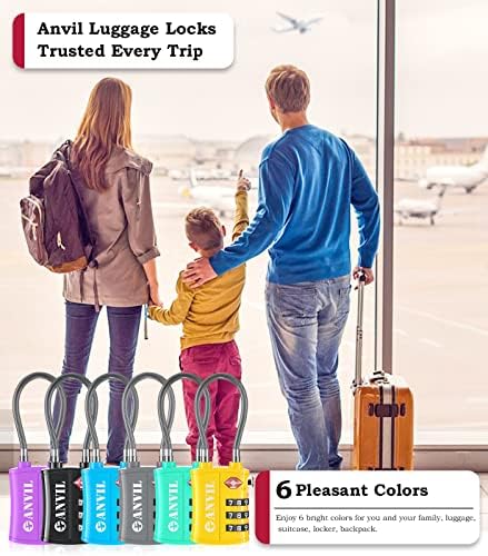 ANVIL TSA מאושר על מנעולי מזוודות כבלים 3 ספרים מנעול משולב עם מנעול כבל פלדה סגסוגת אבץ אידיאלי למזוודה נסיעות,