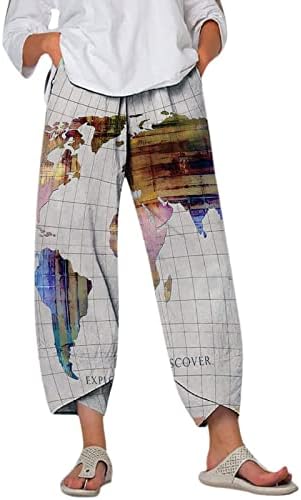 מכנסי Capri של LMSXCT לנשים מפת עולם הדפסת מותניים אלסטיים מכנסי פשתן כותנה רופפים חוף רחב חוף מכנסיים