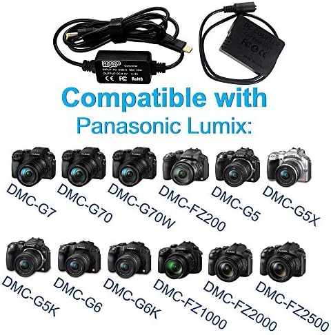 ממיר HQRP USB-C DC תואם ל- Panasonic Lumix DMC-G7 DMC-G70 DMC-G70W DMC-FZ200 DMC-G5 DMC-G5X DMC-G5K DMC-G6