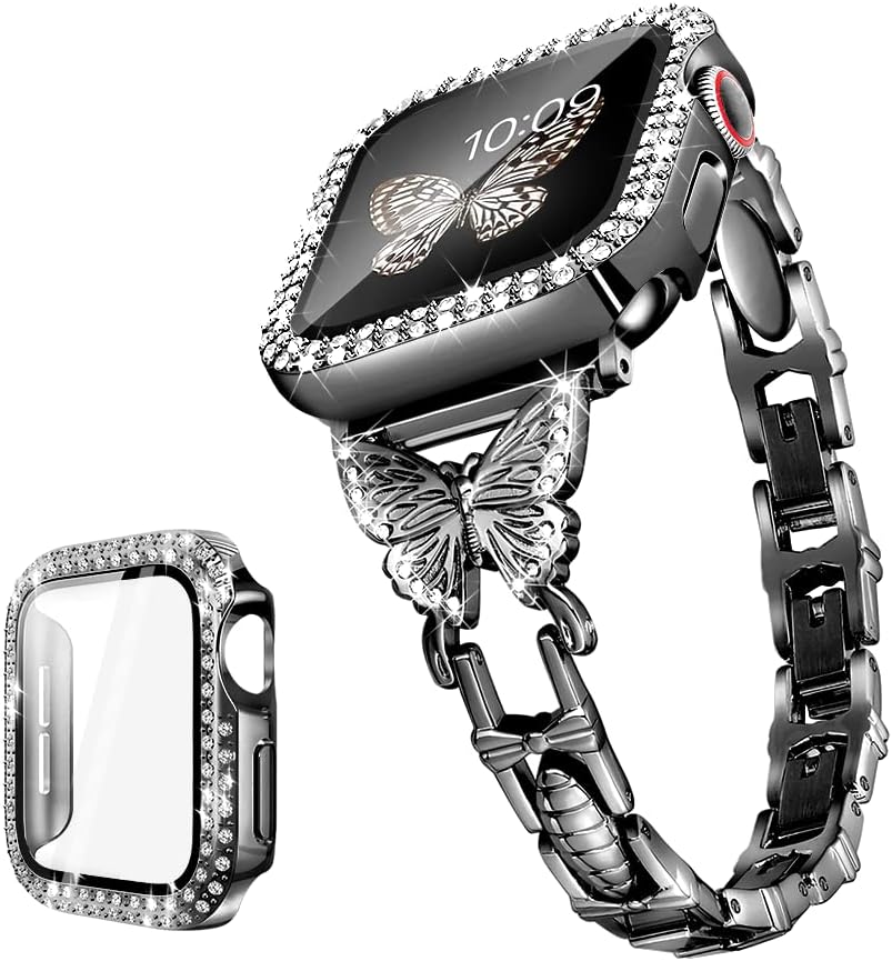 Wipalor התואם לפס Apple Watch Series 8 7 41 ממ+מארז Bling, קל משקל לנשים, צמיד מתכוונן קל, יהלום מבריק על פרפר,