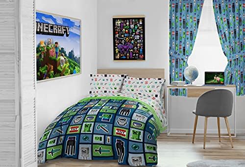 ג'יי פרנקו Minecraft ציידי מפלצת 7 סט חדר שינה - כולל ערכת מיטה מלאה וחלונות וילונות - מצעים כולל