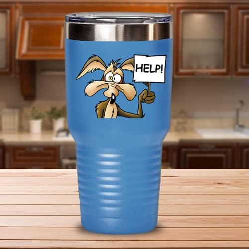 אופי קריקטורה וינטג ', Wile E Coyote, כוס כוס נירוסטה עם מכסה. 30 גרם ספל נסיעות מבודד עם הדפס מצויר מצחיק.