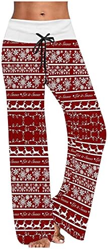 חג המולד מכנסיים נשים של תרגיל יוגה רופף אמצע מותניים פתית שלג הדפסת שרוך ארוך רחב רגל מכנסיים סיבתי מכנסיים