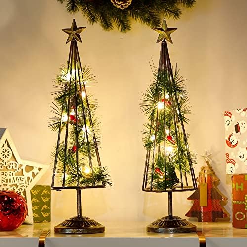 קישוטי שולחן חג המולד של Glintoper, 2 חבילות עץ חג המולד מואר עם כוכב מוזהב, סוללה המופעלת