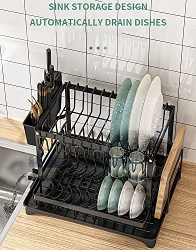 מתלה ניקוז כלים קלוניס, מתלה ייבוש כלים עם מחזיק כוס כלים ומגוון ניקוז למארגן משטח מטבח, שחור