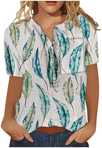 צמרות נשים פרחוניות הנלי חולצה רבע כפתור במעלה חולצות הוואי שרוול קצר הנלי צוואר 2023 חולצת פשתן קיץ