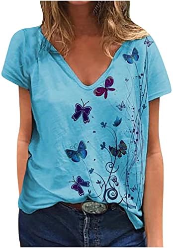 חולצות שרוול קצר לנשים עמוק V Spandex פרפר פרח