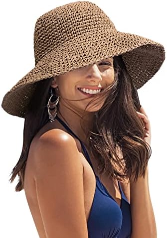 נשים קש כובע מתקפל תקליטונים קש רחב שולי שמש כובע חוף כובע קיץ סרוג כובע
