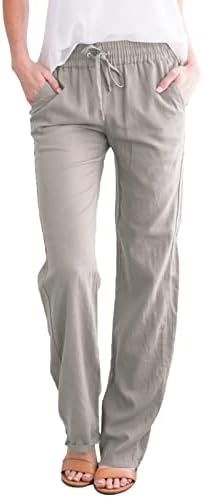 מכנסי שמלה בסגנון אתקיה יוגה לנשים עם כיסים נשים מוצקות ישר מכנסיים אלסטיים מוצקים של נשים פשתן ארוכות