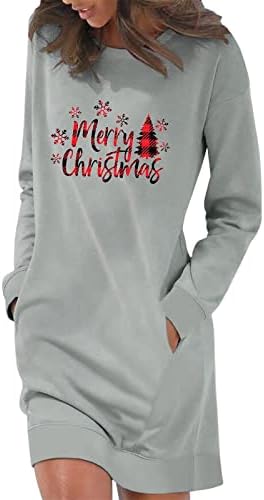 נשים מקרית סווטשירט שמלת חג המולד סנטה מודפס ארוך שרוול שמלת חולצות מיני סוודר שמלות עם כיסים
