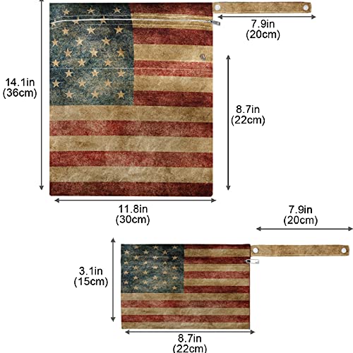 Visesunny Vintage Flag American 2 PCS תיק רטוב עם כיסים עם רוכסן מרווח לשימוש חוזר לשטיפה לנסיעות, חוף,