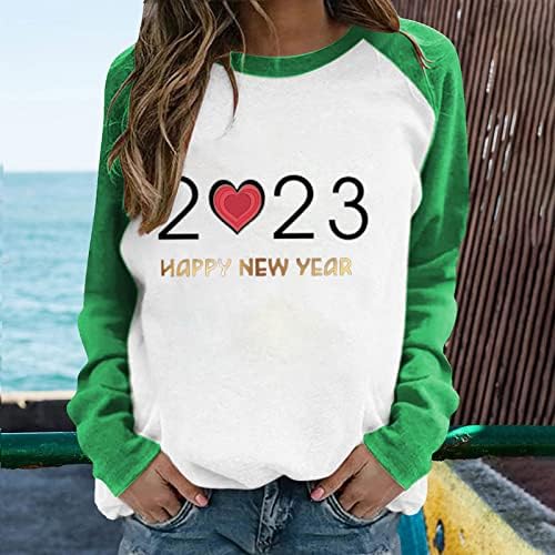 שנה טובה 2023 עליון לנשים חולצות חג חמוד חולצות לב הדפס חולצה שרוול ארוך סווטשירט סווטשירט סוודר