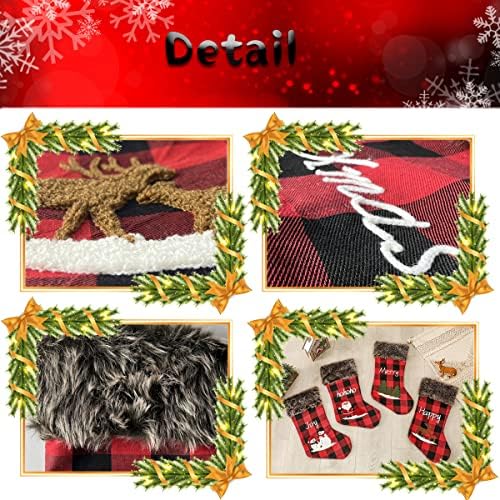 גרבי חג המולד - 4 סטים 18.5 ענק אדום שחור שחור משובץ קישוטי גרבי חג המולד עם עץ צ'ירסטמות, סנטה, איש שלג, איילים
