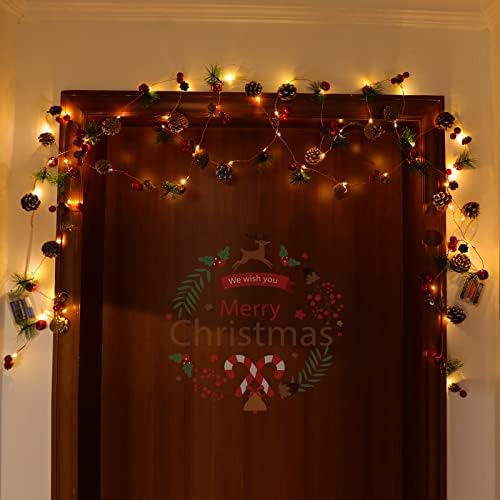 קישוטים לחג המולד זר חג מולד עם אורות, 10 רגל 30 חרוט אורן LED אדום אורות מיתר מיתר, זר לאח
