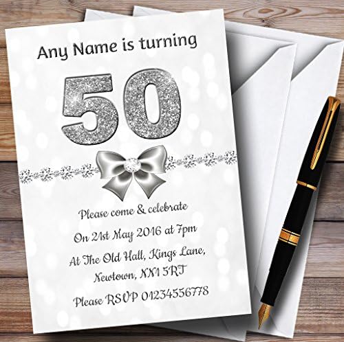 בוקה לבנה וכסף נצנצים נראים הזמנות למסיבת יום הולדת בהתאמה אישית 50