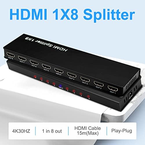 מפצל 4K 1x8 HDMI, אחד מכל שמונה החוצה מפוצל HDMI Splitter Audio Video מגבר מפיץ עם מטען, תומך ב- Full