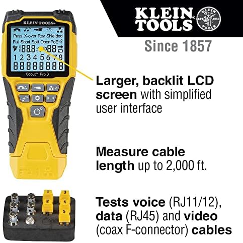 כלים קליין 501-851 כבל בודק ערכת עם סקאוט פרו 3 עבור אתרנט / נתונים, לשדל / וידאו וטלפון כבלים, 5