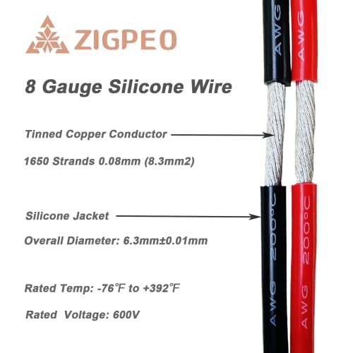 Zigpeo 8 AWG חוט סיליקון 25ft סליל שחור, גמיש במיוחד 8 מד נחושת תקועים, Temp Temp 392 ℉ 600V - RC, רכב,
