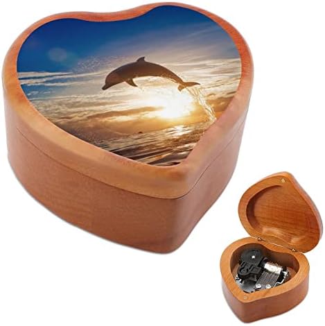 משטח ים קופץ דולפין בשקיעה קופסת מוסיקה מעץ צורת לב קופסת מוסיקה קופסת מוסיקה וינטג 'שעון עץ מתנות