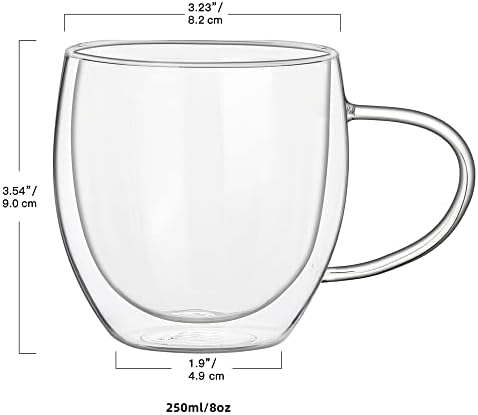 JNSMFC 8 גרם ספלי קפה זכוכית כפולה עם קפה קפה סט של 6 עם ידית ו -6 כפות, כוס אספרסו קפה זכוכית מבודדת, ספל