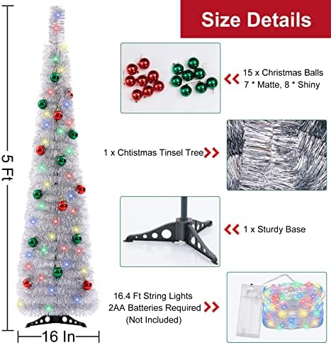 עץ טינסל של חג המולד של 5 רגל, עץ פופ -אפ מתקפל בכסף עם 15 אורות צבעוניים ו -15 קישוטים לכדור,