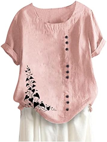 חולצת טריקו של פשתן כותנה של נשים קיץ רופפות צווארון קז'ון רופף חולצות הדפסת שרוול קצר