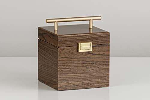 בית קופסת תכשיטים מעץ קטן עם מראה + מחזיק מברשת איפור שיש טבעי בעבודת יד