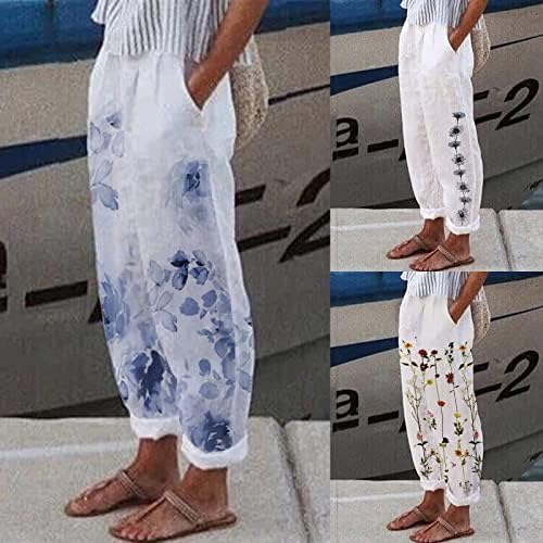 נשים של נמתח רחב רגל פאלאצו מכנסיים כותנה פשתן רופף זורם קיץ חוף מכנסיים עם כיסים