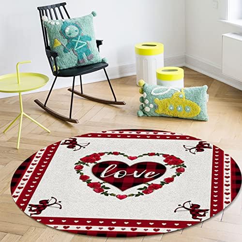 שטיח שטח עגול גדול לחדר שינה בסלון, שטיחים ללא החלקה 6ft לחדר ילדים, יום האהבה שחור אדום שחור משובץ