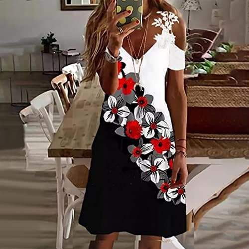 נשים מקרית סקסי צוואר קיץ שמלה קר כתף קצר שרוול חולצה שמלה פרחוני הדפסת אונליין זורם נדנדה מידי שמלות