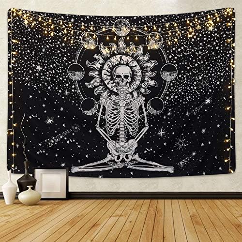 Krelymics Skullatry Tapestry מדיטציה שלד שלד שטיחי שטיחים שטיחים כוכבים שטיחים בשחור לבן שחור לבן שטיח