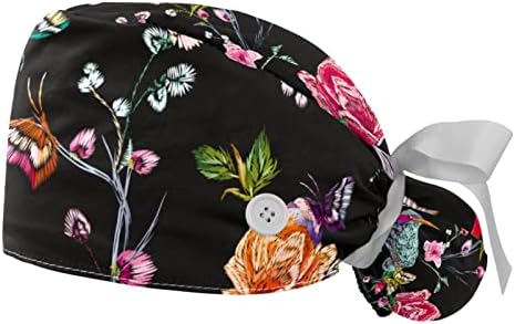 כובע עבודה של 2 יחידות עם סרט כפתור קשירה לאחור של רקמת וינטג 'פרפר פרפר פרפר פרחים קוקו כובעי קוקו