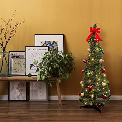 עץ חג מולד קופץ עם אורות - 4ft, מתקפל לאחסון קל, 100 אורות לבנים חמים, 24 קישוטים וקשת כלולים, עץ