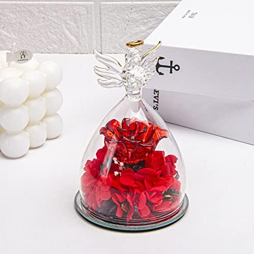מתנת פרחי ורדים זכוכית בעבודת יד של Hakeemi, פסלוני מלאך עם ורד שמור, עיצוב מלאכים, מתנות ייחודיות