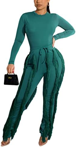 2 חתיכה תלבושות עבור נשים סקסי-מוצק ארוך שרוול חתיכה אחת חולצות פרינג ' טאסל ארוך מכנסיים סרבלי סטים