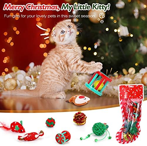 חג המולד גרב חתול מתנות סט, 8 יחידות סנטה גרב אינטראקטיבי חתול צעצועי עם עץ חג המולד, חתול טיזר שרביט,
