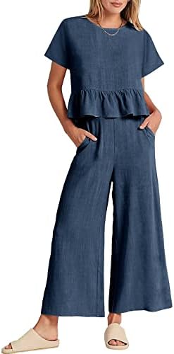 מכנסי מייק נשים 2 תלבושות לחלקים לנשים 2023 קיץ שרוול קצר צמרות יבול מכנסי רגל רחבים סט סוויטת נשים