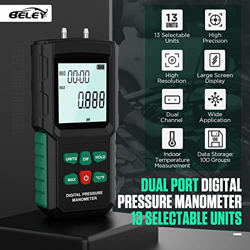 מד לחץ דיפרנציאלי של יציאה כפולה - מנומטר לחץ דיגיטלי של Beley 13 יחידות הניתנות לבחירה בודק לחץ גז