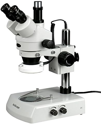 מיקרוסקופ זום סטריאו טרינוקולרי מקצועי בהובלת אמסקופ-2, עיניות פי 10, הגדלה פי 3.5-45, מטרת זום פי 0.7-4.5, תאורת