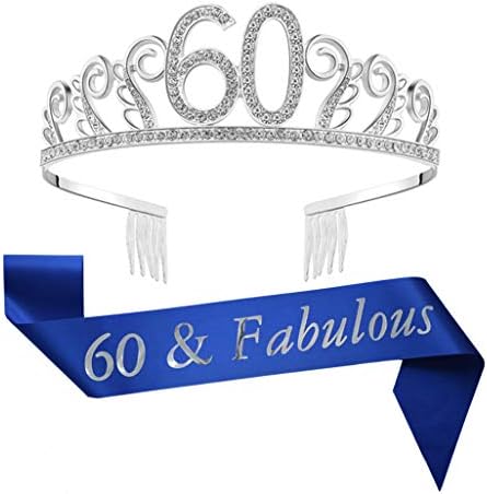 60 יום הולדת נזר ואבנט כחול גליטר סאטן אבנט קריסטל ריינסטון נזר כתר עבור 60 יום הולדת ספקי צד טובות