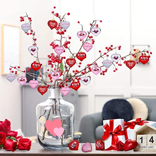 24 יחידות חג האהבה קישוטים בצורת לב נצנצים- קישוטים ולנטיין- אדום ורוד כסף לבבות לב לעץ ביתי- ולנטיין שיחה קישוטי