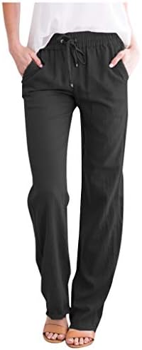 מכנסי פשתן של נשים Kcjgikpok, מכנסי פלאצו בעלי המותניים המוצקים במותניים עם מכנסי פשתן עם מכנסי