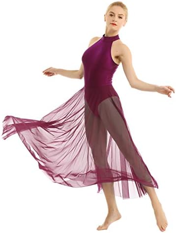 אקסוס נשים ליריות למבוגרים שמלת ריקוד צוואר מדומה בלט בלט חצאית מקסי זורמת
