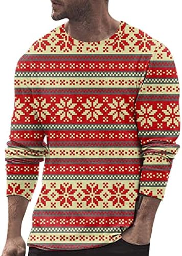 חולצות טריקו של שרוול ארוך של Wocachi לחג המולד לגברים, חג המולד 3D גרפי סנטה הדפס קרוונק צוואר
