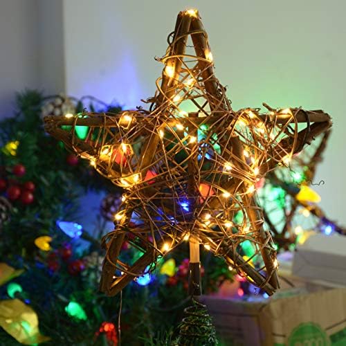 טופר עץ חג המולד הכפרי של Homeleo, טופר עץ הכוכבים האיר, בעבודת יד טופר עץ ראטן גדול עם אורות