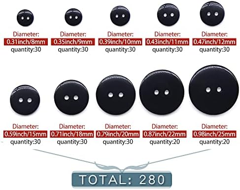 סמיני בגודל מעורב 8 ממ -25 ממ 280 יחידות כפתורי שרף שחור קטנים 2 חורים גדולים כפתורי מלאכה לתפירה,