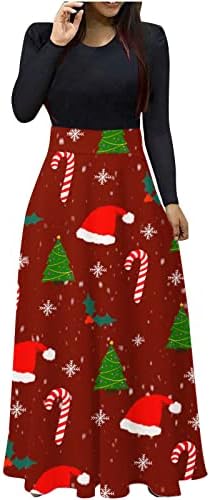 Ruziyyoog's חג המולד שמלת מקסי שמלת שרוול ארוך אימפריה המותניים שמלה מזדמנת סנטה קלאוס חמוד צוות מודפס צוואר