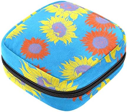 אחסון תיק עבור תחבושות היגייניות, נייד עבור נשים בנות רחיץ לשימוש חוזר, חמניות פרחוני אמנות כחול