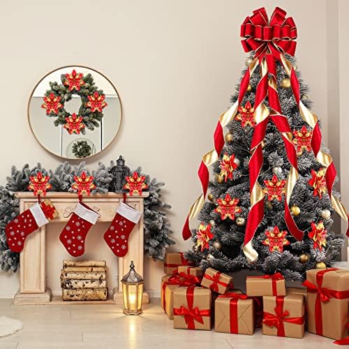 צלילה x 13 '' אדום עץ חג המולד גדול טופר אדום קשת קטיפה גדולה עם זרמים ארוכים קישוטי עץ חג המולד