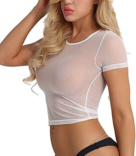GATXVG נשים יבול סקסי צמרות שרוול קצר חולצות טי תחרה תחרה תחתונים רשתית רשת נמתחת חולצה נמתחת